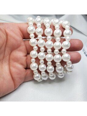 White Faux Pearl Stretch Bracelet Elastic 5 Strand Design Bead Jewelry For Women